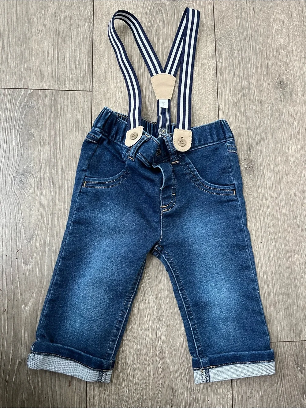 Cat & Jack Navy and White Striped Suspender Denim Pants